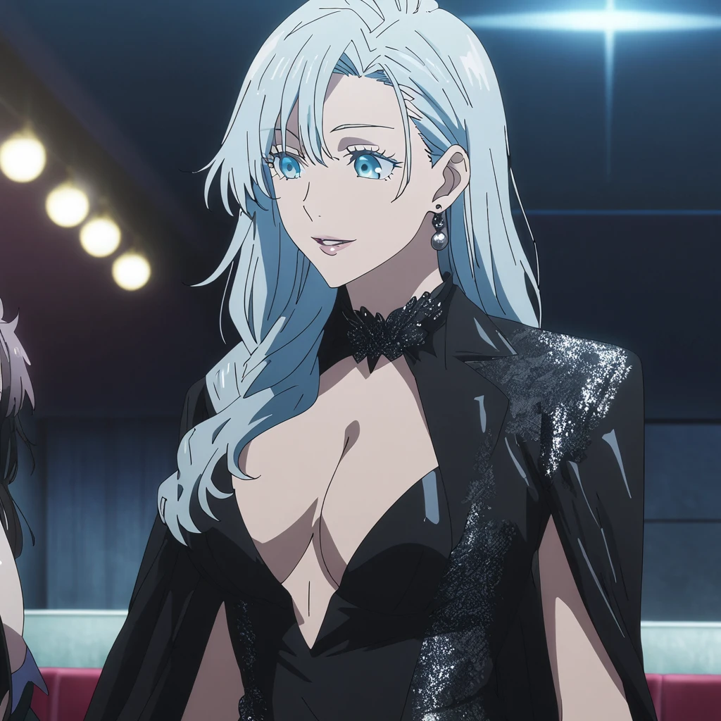 1girl, female gojo satoru, anime screencap from jujutsu kaisen, gojo satoru female version, solo, long_hair, ((Blue eyes, round sunglasses)) ((Silver_hair, hair over ear from one side))((slicked hair)) , night view, (hanging breasts) upper_body, smile,party hall, parted lips, (long hair) ((wearing black colour prom night outfit, cleavage)) breast, "very detailed and high resolution" (Blue eyes, round sunglasses) ((solo)) (((front view))) (earings) ((high resolution)) ((good quality)) ((silky hair, hair over ear from one side))((hair slicked)) ((parted lips)) ((shot from behind))