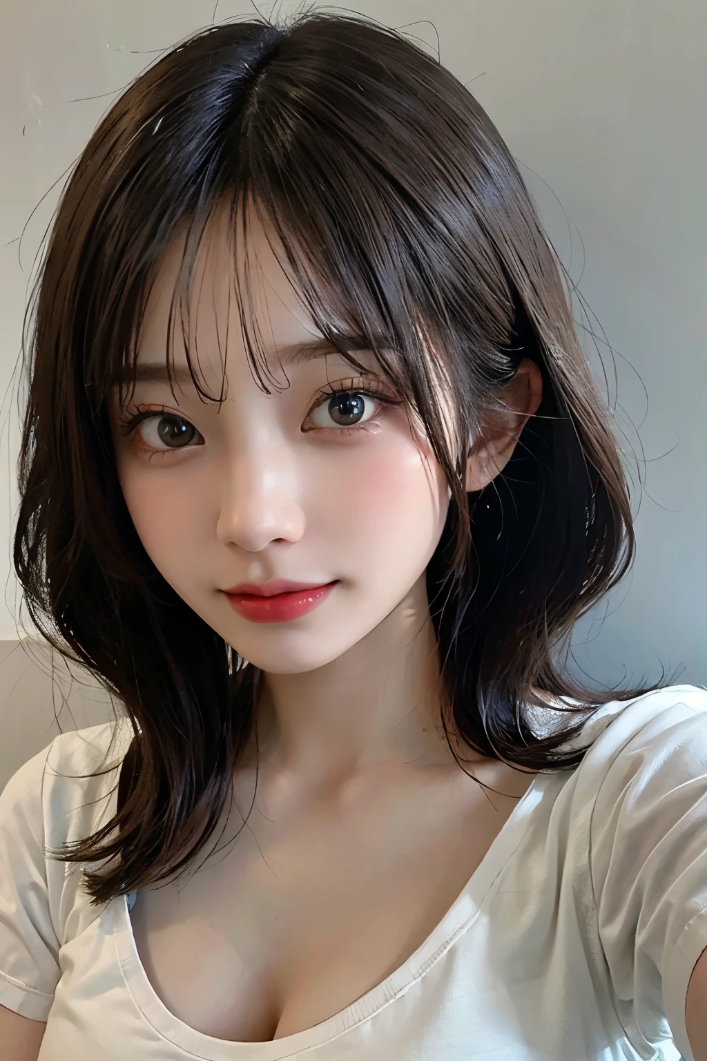 ((best quality)), ((masterpiece)), (detailed), perfect face. Asian girl. Selfie. Blank T-shirt. Wall. Cleavage. Low lighting.