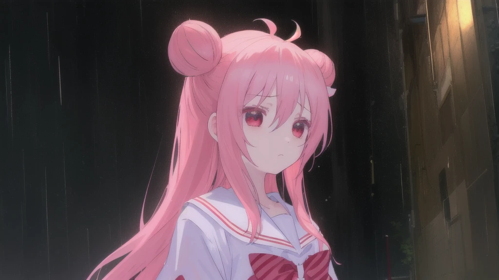 masterpiece, best quality, street background, rainy, 1girl, solo, upper body, bow, serafuku, satou, emotionless, expressionless, anime wallpaper 4k, detailed background, detailed hair