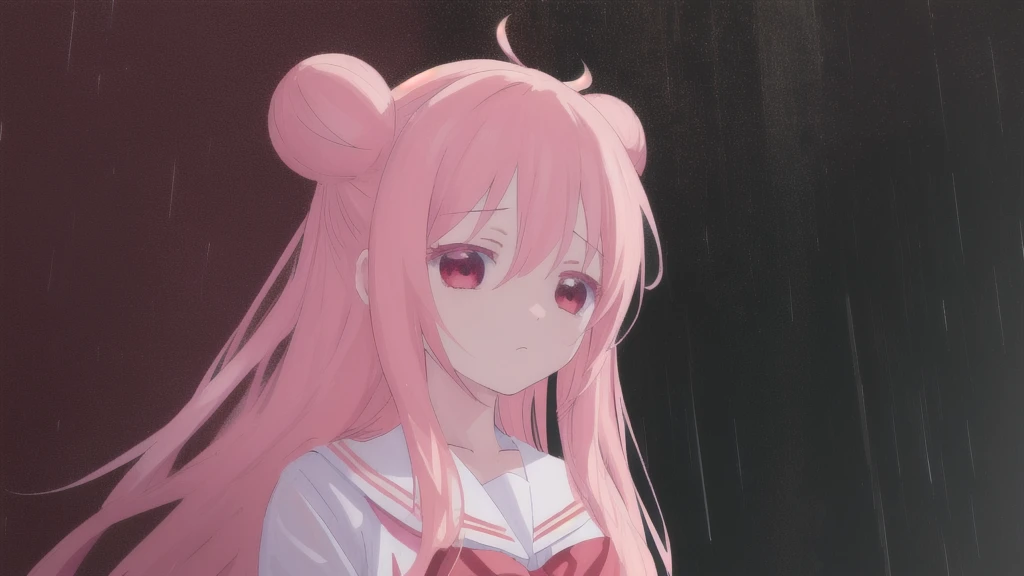 masterpiece, best quality, street background, rainy, 1girl, solo, upper body, bow, serafuku, satou, emotionless, expressionless, anime wallpaper 4k, detailed background, detailed hair