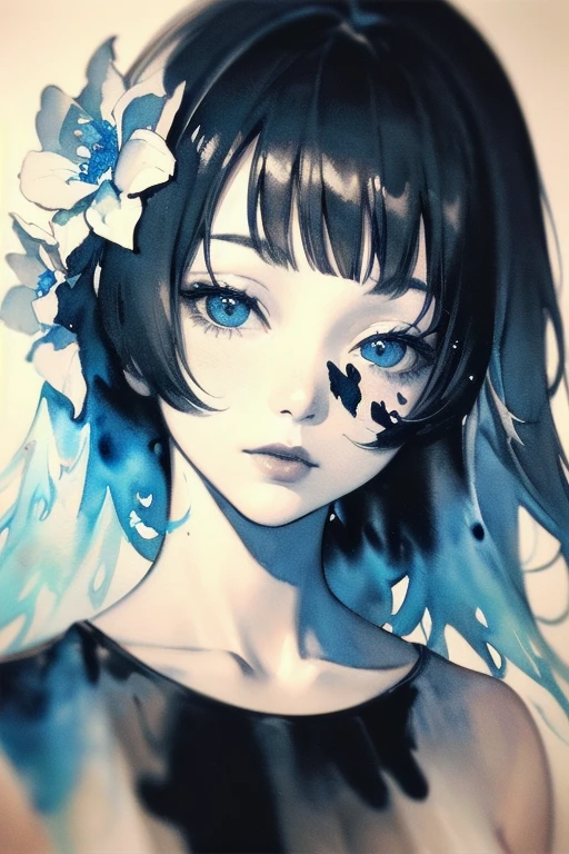 (Depth composition) (portrait of a young woman with flowers), Inspired by Albert Lynch, (Ink on Japanese paper, which tends to bleed easily)(contemporary art like a picture book) (transparent watercolor) (light itself expressed as real) (layers of soft, rich colors) (shades of paint dissolved thinly with water) (deep, delicate colors)