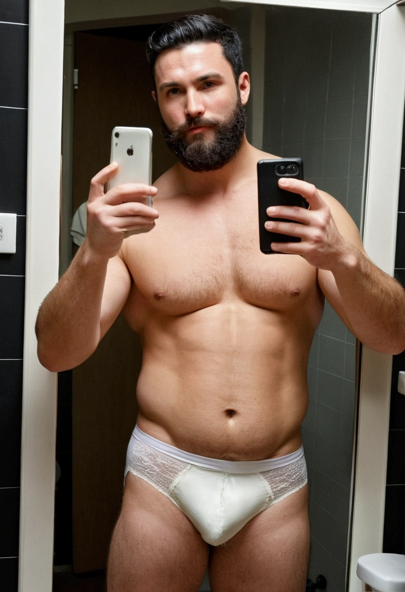 Muscular, broad-shouldered, black-haired, shaved-short beard, slightly oiled, slightly overweight body, hairy body, hairy body, white-skinned man wearing white underpants, taking a selfie in the mirror