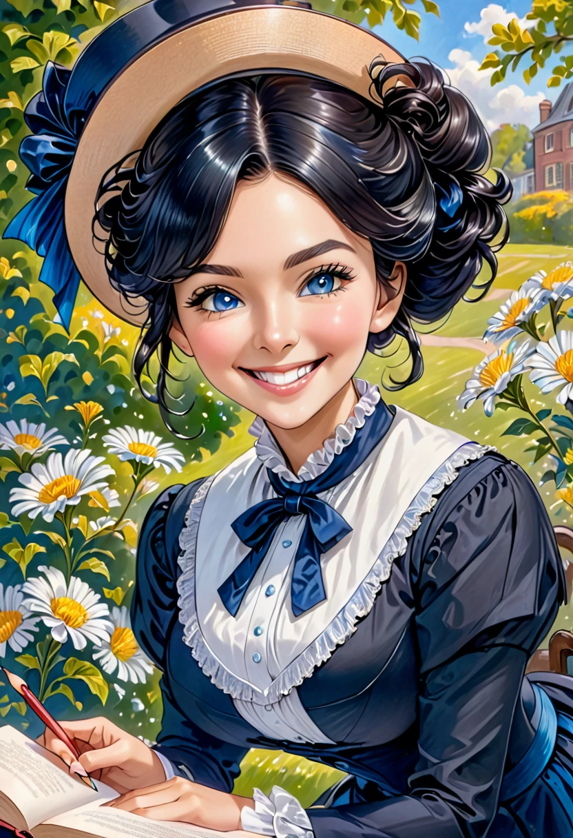 A colored pencil drawing of a pretty smiling happy victorian governess, curly black hair. Kind and inteligent, joyful energy. hair in bun, hat. book of poetry in hand. full features, round face