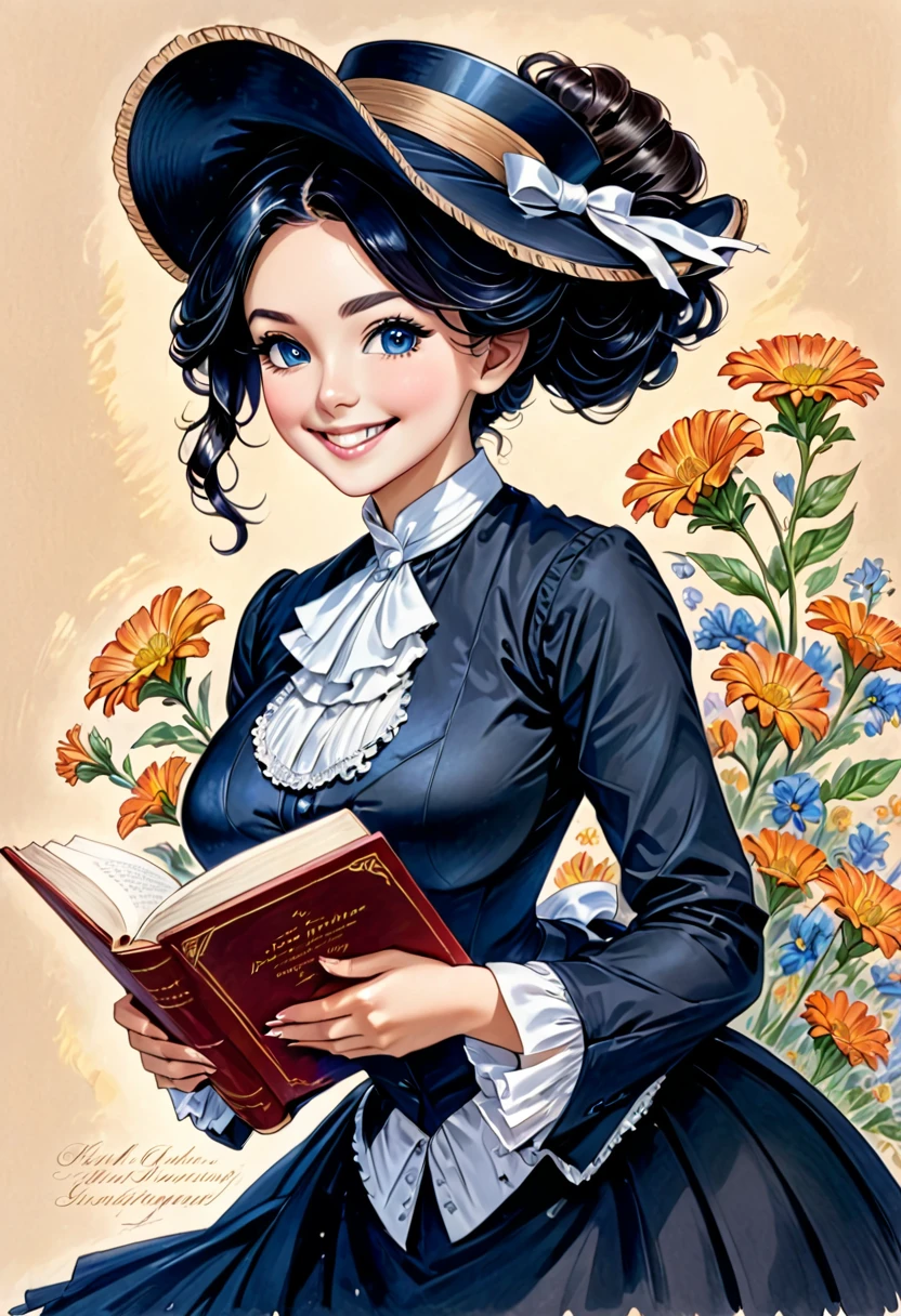 A colored pencil drawing of a pretty smiling happy victorian governess, curly black hair. Kind and inteligent, joyful energy. hair in bun, hat. book of poetry in hand. full features, round face