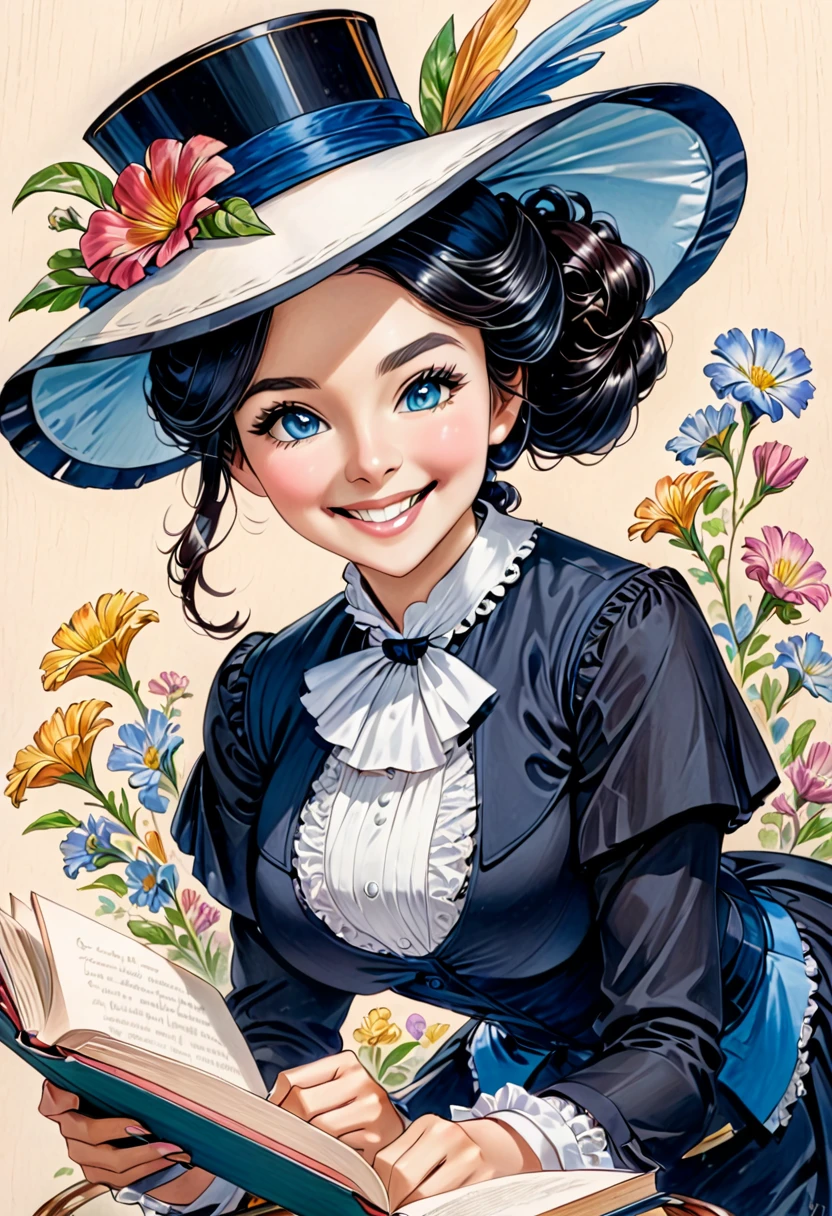 A colored pencil drawing of a pretty smiling happy victorian governess, curly black hair. Kind and inteligent, joyful energy. hair in bun, hat. book of poetry in hand. full features, round face