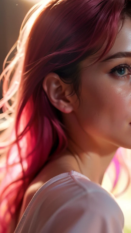 (((ultra realistic))) Photo, masterpiece, premium quality, (pale skin), (Ultra detailed face and eyes: 1.3), 1 girl, Adult, with t-shirt, ((Eye makeup, pink mascara)), ((big detailed lips)), ((straight fuchsia hair)), ((Chyolka)), (Natural breasts), Thin waist.   ((Posing)), photo shoot, studio (soft lighting), (The play of light and shadows), depth of field, bokeh, (special attention to detail of the skin: 1.2), Detailed texture of the leather, pores of the skin.   (Bright mood of the frame. Color range: delicate, bright, Pink tones), UDR, ((Film grain)), ((rays)), (Glare), ((Photo from behind, close-up), ultra detailed ,