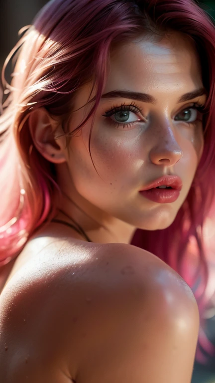 (((ultra realistic))) Photo, masterpiece, premium quality, (pale skin), (Ultra detailed face and eyes: 1.3), 1 girl, Adult, with t-shirt, ((Eye makeup, pink mascara)), ((big detailed lips)), ((straight fuchsia hair)), ((Chyolka)), (Natural breasts), Thin waist.   ((Posing)), photo shoot, studio (soft lighting), (The play of light and shadows), depth of field, bokeh, (special attention to detail of the skin: 1.2), Detailed texture of the leather, pores of the skin.   (Bright mood of the frame. Color range: delicate, bright, Pink tones), UDR, ((Film grain)), ((rays)), (Glare), ((Photo from behind, close-up), ultra detailed ,