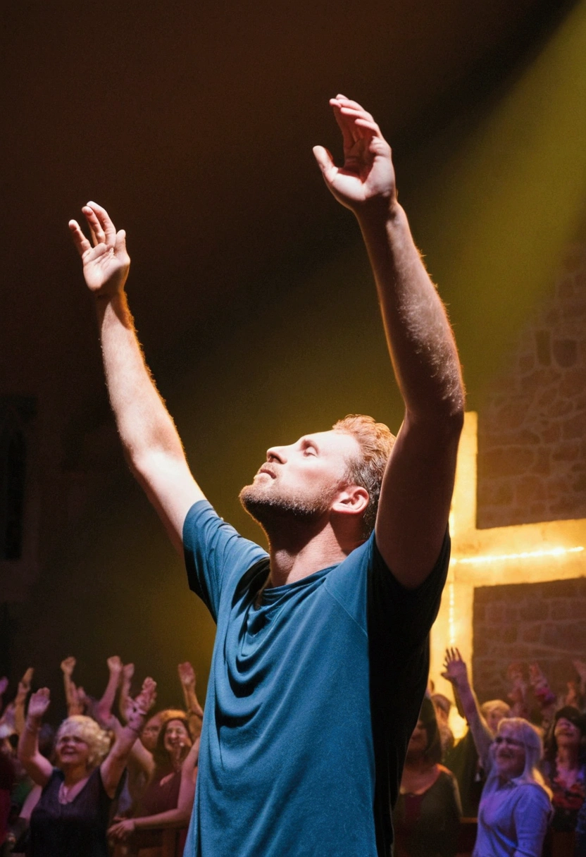 A man hair, people with one arm raised in worship,inside a church, stage lighting only