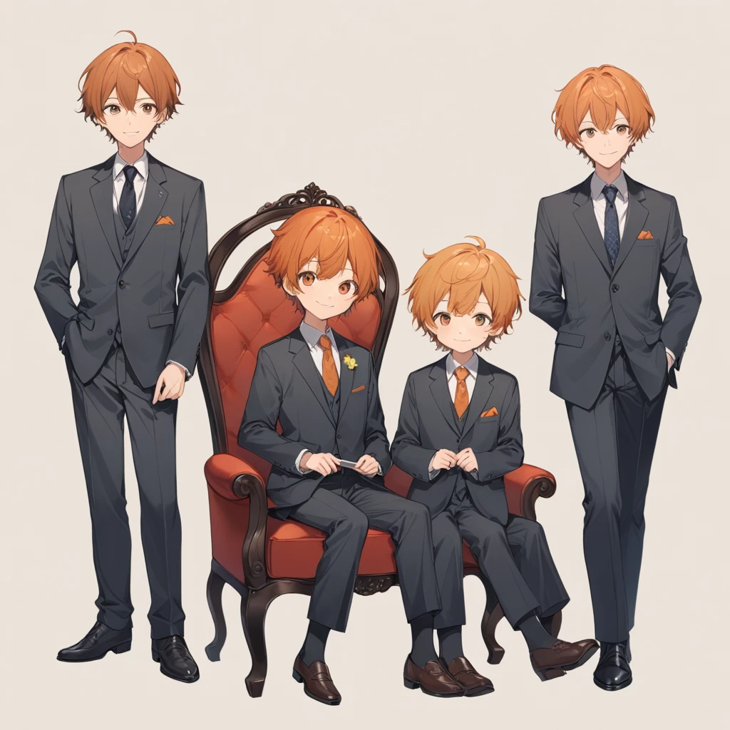 Orange Hair, Orange eyes,Short Hair,smile, a bit, suit,maleの子一人,a bitキャラ,anime,whole body,mini,Sitting,male,赤いsuit,小さいmaleの子,a little ,小さいmaleの子