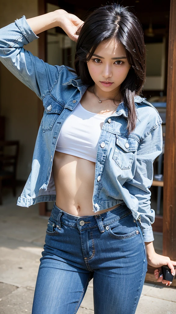 Best Quality, Masterpiece, Ultra High Resolution, (Realistic: 1.6), Original Photo, Realistic, High Resolution, 1 Girl, Small breasts, Brown Hair, Asian, Blue Eyes, open Shirt, Tight Black Shorts