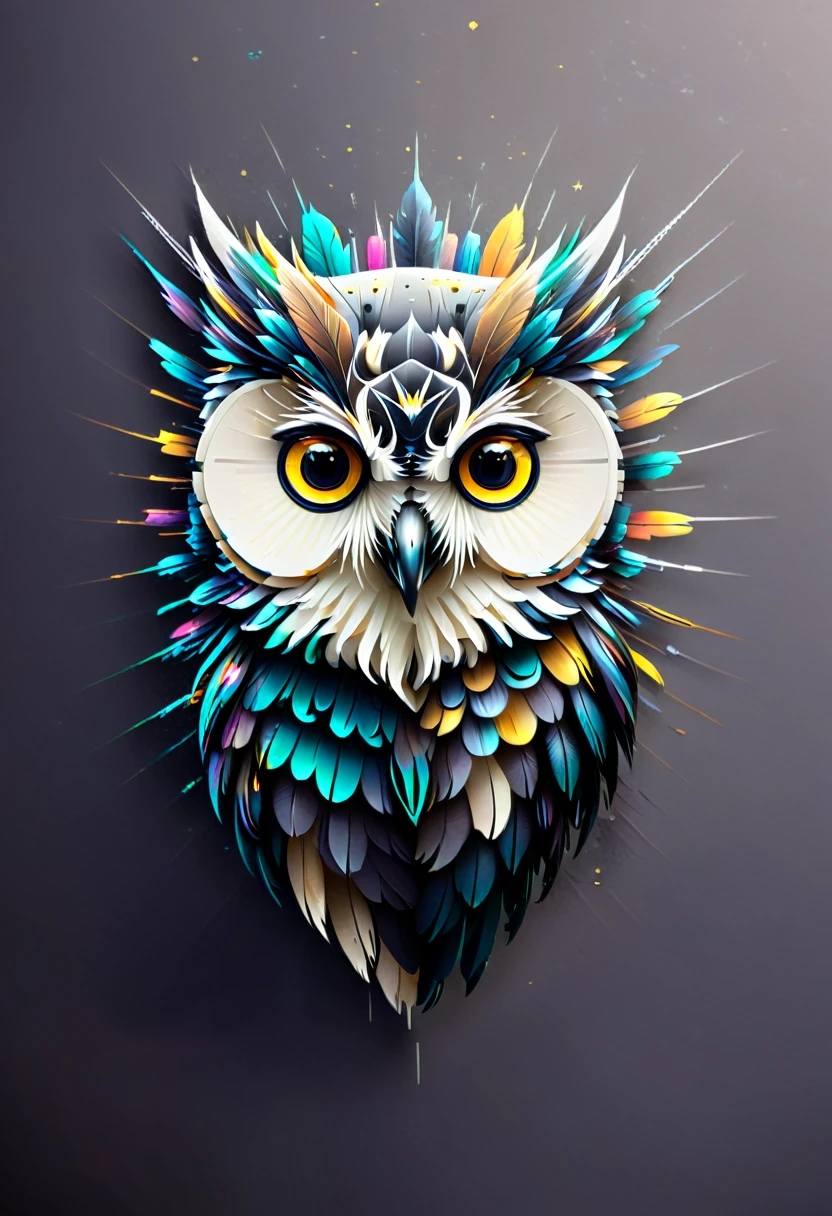 Prompt: Design a logo featuring an owl. Please consider the following elements: • No text included • Utilize the silhouette of an owl to create a simple and highly recognizable design • Emphasize the owl’s large eyes, designing the shape and pupils in a geometric and stylish manner • Abstract the feather patterns, incorporating delicate and beautiful lines into the design • Focus on minimalism, eliminating unnecessary details • Break down the owl’s shape into geometric forms, combining straight and curved lines to give a modern impression • Maintain symmetry for a balanced design Color Specifications: • The main colors should be black and white to emphasize a sleek and simple impression • Use a muted gold or deep blue as accent colors for the owl’s eyes and some feathers • The accent colors should be used sparingly to not overwhelm the overall design balance Owl Shape Specifications: • The overall shape of the owl should have a rounded silhouette • The eyes should be large and give a sharp impression • The beak and ear tufts should be simplified to maintain the overall balance • Minimize or omit the legs and talons to keep them from drawing too much attention • Use abstract and geometric patterns for the feathers to provide unity in the design Overall, create a logo design that captures the essence of an owl in a simple and sophisticated manner.Colorful paint ink splashes、Concept Art、Logo Design、Breathtakingly beautiful、Artistic、Masterpiece、Black background、Geometric pattern、