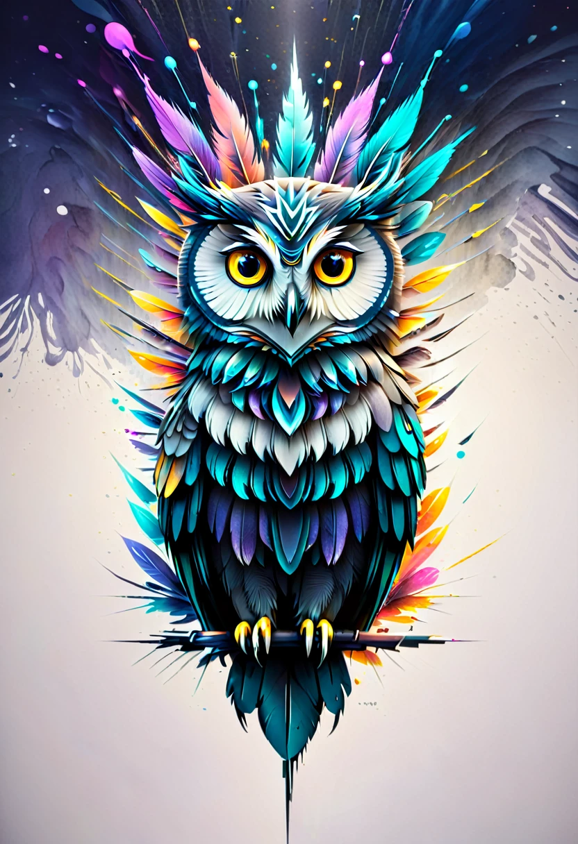 Prompt: Design a logo featuring an owl. Please consider the following elements: • No text included • Utilize the silhouette of an owl to create a simple and highly recognizable design • Emphasize the owl’s large eyes, designing the shape and pupils in a geometric and stylish manner • Abstract the feather patterns, incorporating delicate and beautiful lines into the design • Focus on minimalism, eliminating unnecessary details • Break down the owl’s shape into geometric forms, combining straight and curved lines to give a modern impression • Maintain symmetry for a balanced design Color Specifications: • The main colors should be black and white to emphasize a sleek and simple impression • Use a muted gold or deep blue as accent colors for the owl’s eyes and some feathers • The accent colors should be used sparingly to not overwhelm the overall design balance Owl Shape Specifications: • The overall shape of the owl should have a rounded silhouette • The eyes should be large and give a sharp impression • The beak and ear tufts should be simplified to maintain the overall balance • Minimize or omit the legs and talons to keep them from drawing too much attention • Use abstract and geometric patterns for the feathers to provide unity in the design Overall, create a logo design that captures the essence of an owl in a simple and sophisticated manner.Colorful paint ink splashes、Concept Art、Logo Design、Breathtakingly beautiful、Artistic、Masterpiece、Black background、Geometric pattern、