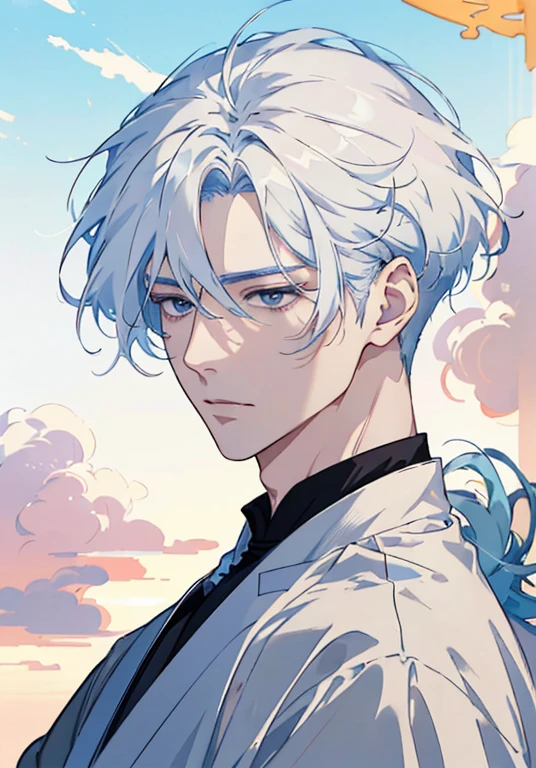 a close up of a person with a white shirt and a sky background, inspired by Yanjun Cheng, high quality portrait, white cloud hair, delicate androgynous prince, cai xukun, cloud-like white hair, artwork in the style of guweiz, anime realism style, pale hair, beautiful anime portrait, beautiful androgynous prince, by Yanjun Cheng