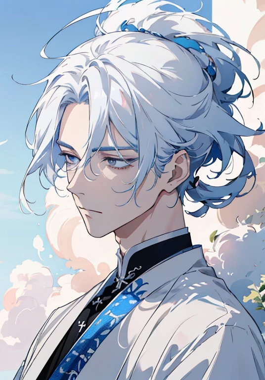 a close up of a person with a white shirt and a sky background, inspired by Yanjun Cheng, high quality portrait, white cloud hair, delicate androgynous prince, cai xukun, cloud-like white hair, artwork in the style of guweiz, anime realism style, pale hair, beautiful anime portrait, beautiful androgynous prince, by Yanjun Cheng