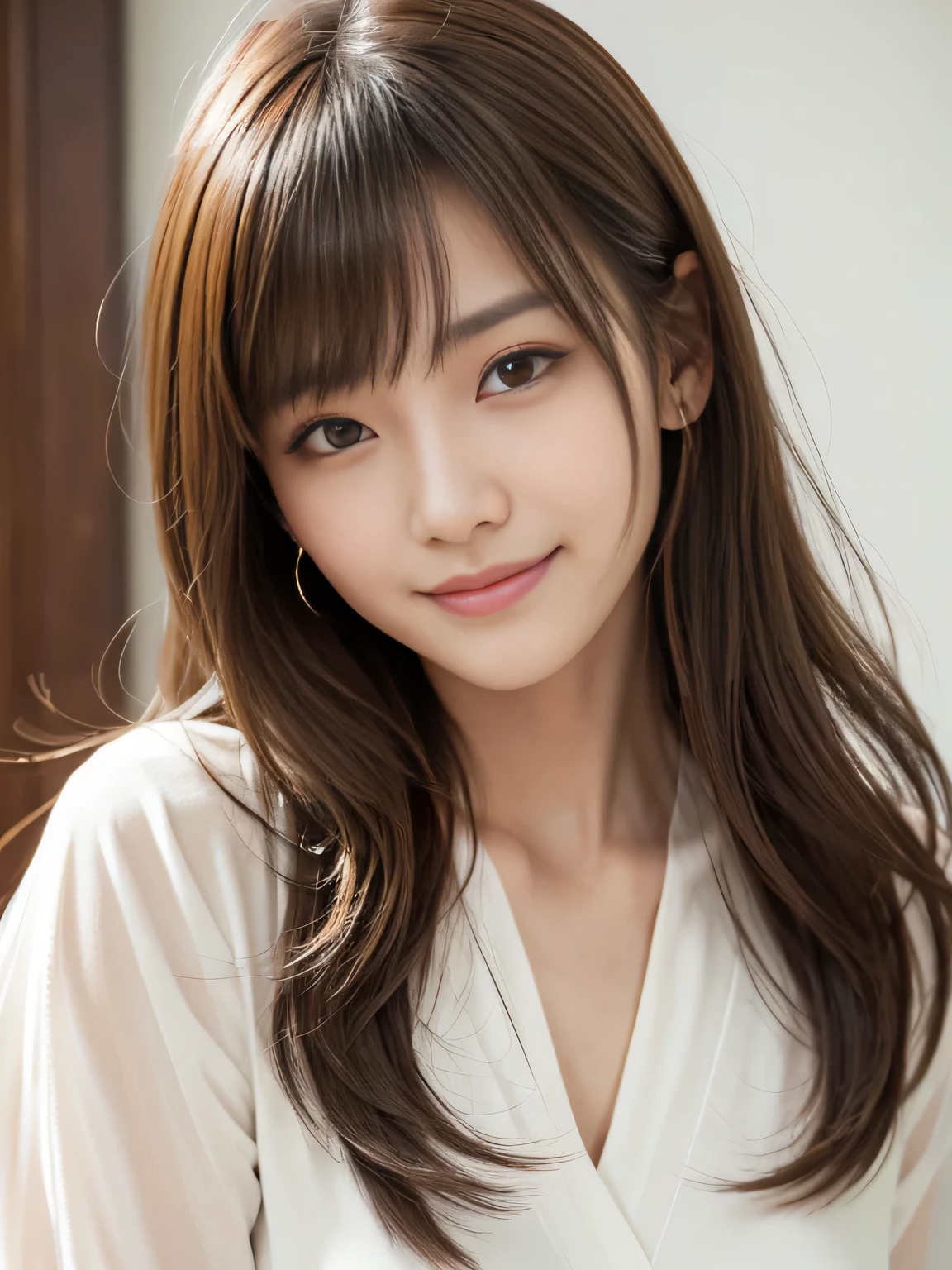 masterpiece, best quality, ultra-detailed, intricately detailed hyperdetailed, realistic, sharp features, highly detailed, sharp focus, (18 years old:1.3), Japanese Idol, perfect face, perfect symmetrically eyes, perfect full lips, hyper detailed, hyper realistic, high resolution, Fashion Model, Slender, Stylish, Realistic, Photorealistic:1.3, Beautiful Face, from above, POV shot, light brown hair, messy hair, asymmetrical bangs, Neat clothes, (smile), (white tops:1.2),