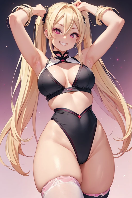 Realistic、masterpiece, 1house wife、blonde hair、twin tail, red eyes, (eye focus:1.3,face focus),(Gradient eyes:1.3),(sexy panties)、open mouth,(grin:1.3),forehead,cute face、((Thick thighs、Beautiful thighs)), A condescending gaze on the viewer,((Raise your arms, Expose your armpits)), Wrestler