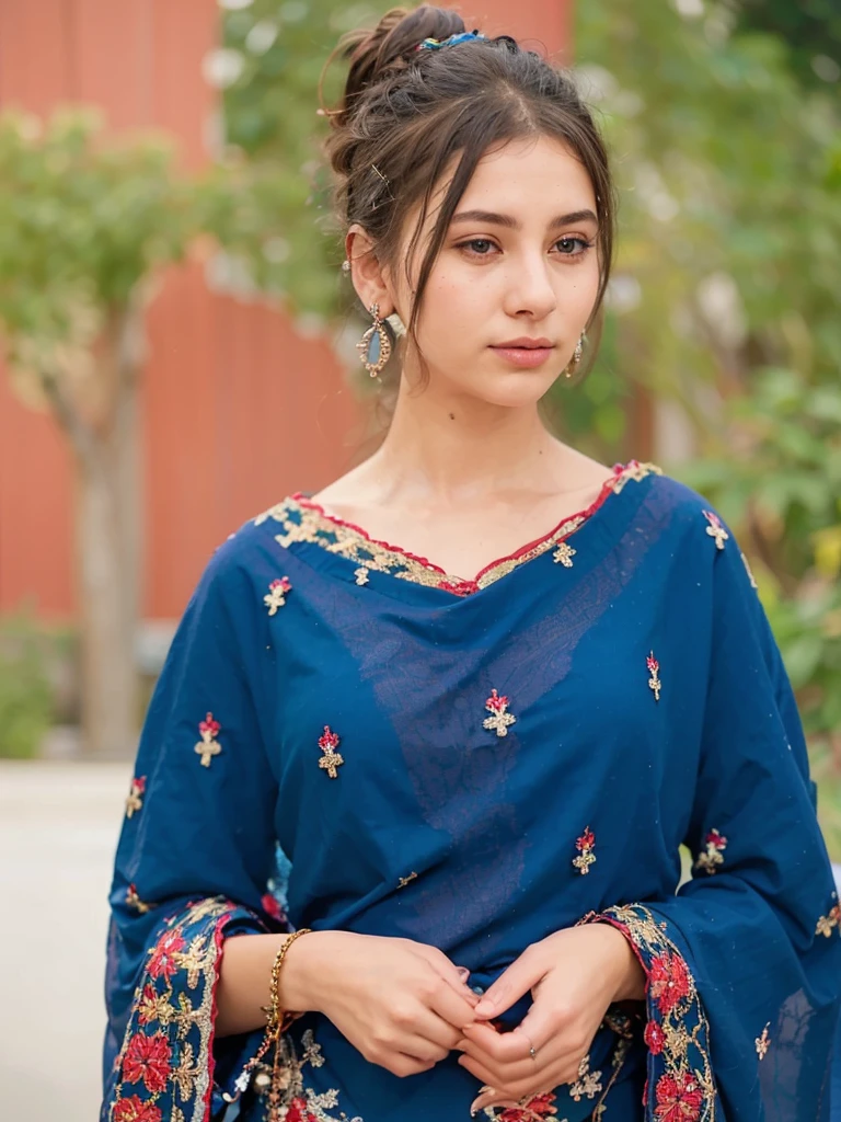 A young woman dressed in a deep blue traditional outfit adorned with intricate gold and red embroidery. She has her hair styled in a neat bun and is wearing large silver jhumka earrings. The background is softly blurred, featuring greenery, creating a serene and vibrant atmosphere. The woman gazes thoughtfully to her left, her hands gently clasped in front of her.