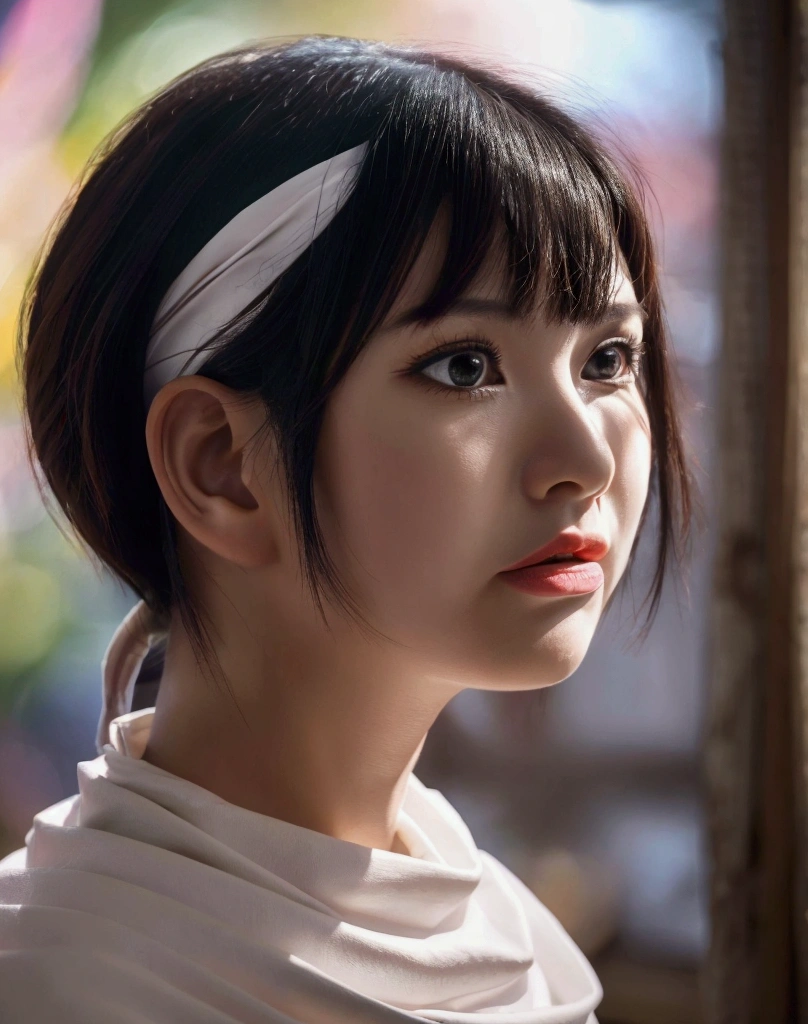 tongue out A beautiful young girl with a bob haircut, standing alone, wearing a cowl headband, in profile, looking directly at the viewer, (best quality, 4k, 8k, highres, masterpiece:1.2), ultra-detailed, (realistic, photorealistic, photo-realistic:1.37), HDR, UHD, studio lighting, ultra-fine painting, sharp focus, physically-based rendering, extreme detail description, professional, vivid colors, bokeh, portrait tongue out tongue out