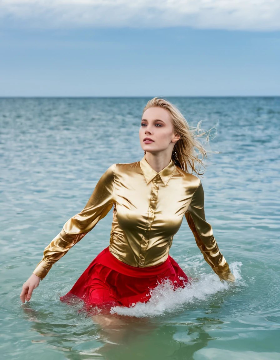 perfect photo of a beautiful blonde woman, (emerging out from water:1.3), wearing (wet golden satin shirt:1.3), long sleeves, (swimming in ocean), (head and shoulders out over water:1.4), partially submerged, (bra visible through shirt), red skirt, (wet hair:1,3), photographed on a Fujifilm XT3, 80mm F/1.7 prime lens, cinematic film still, cinestill 500T, highly detailed, masterpiece, highest quality, intricately detailed, HDR, 16k, uhd, photorealistic
