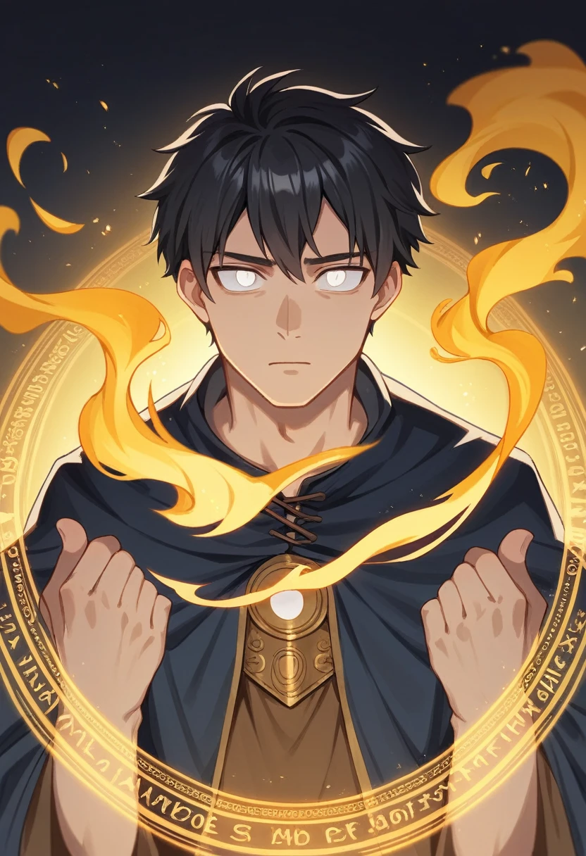 (masutepiece), (Best Quality), ars old, cute boy, standart detailed, 1 boy, small sharp eye, Solo Focus, half body look, magic, magic circle gold yellow, yellow Sparkle, orange smoke, a traveler, medieval simple cloth, Perfect face, detail hand, hand correct, Beautiful face, extra detailed face,(gradation black hair:1.3),(white eye:1.3), cool boy, handsome