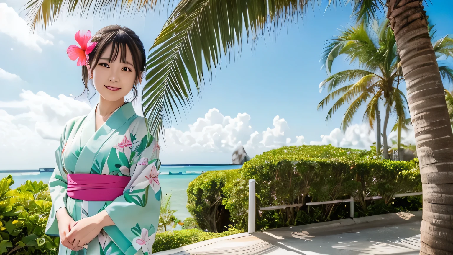 A woman in a kimono is standing in the shade of a palm tree with an emerald green beach in the background, looking towards the camera.。Cute and pretty smile。Hibiscus hair ornament。