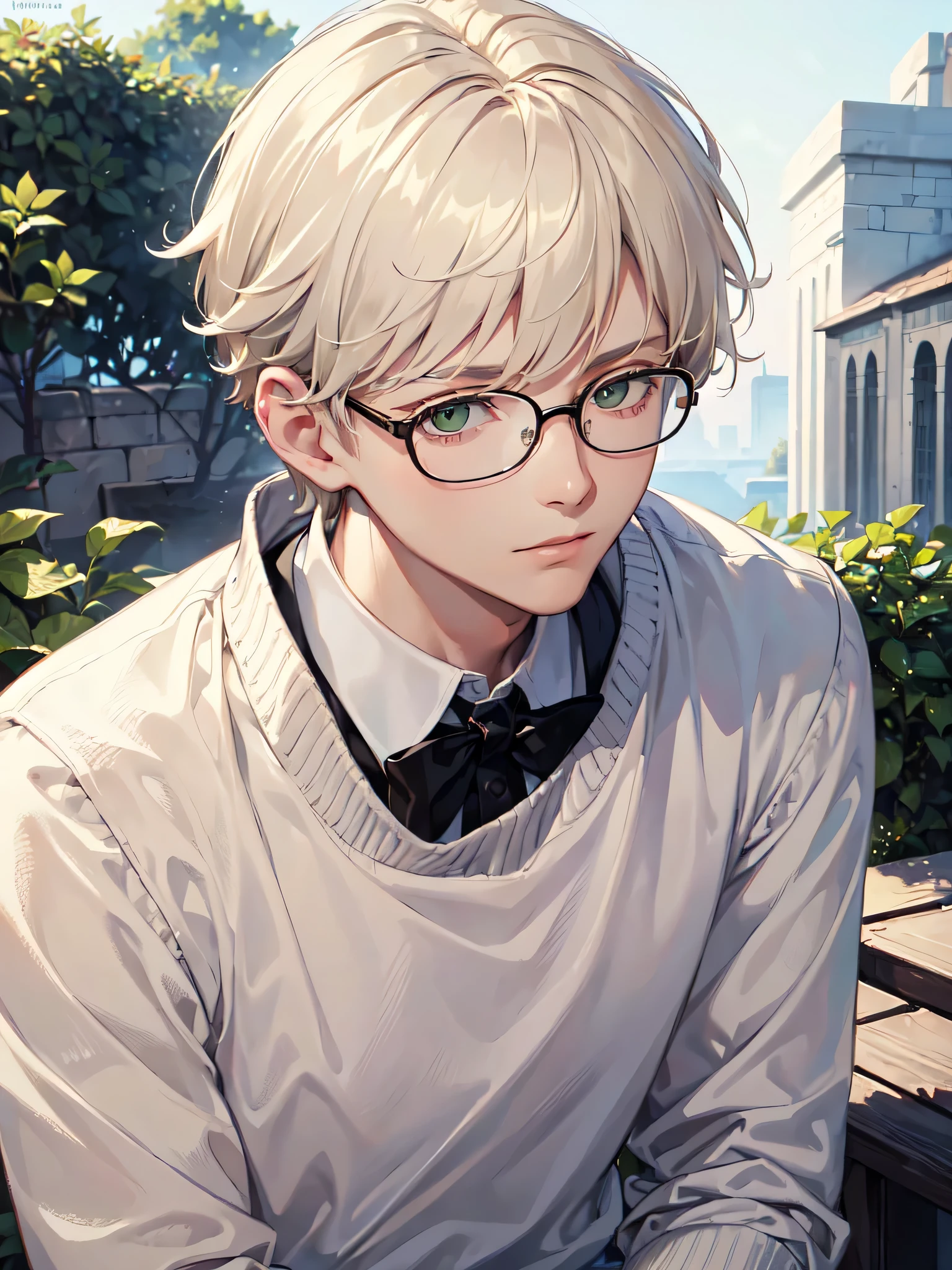 ((Masterpiece, Highest Quality)), Detailed Face, 1boy, young boy, white sweater, green eyes, (((Top Quality))), Short hair, white colored hair, Stylish glasses, soft smile ,very beautiful boy ,gentle young man 