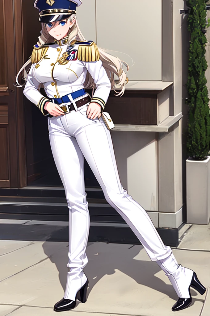 celia\(walkure\), celia\(uniform\),1girl, mature female, solo,
blue eyes, 
(black boots), high heels, (white uniform), (white cargo pants), belt, (white shako cap),
best quality, highest quality, ultra-detailed, masterpiece, illustration, ultra detailed background, full body
