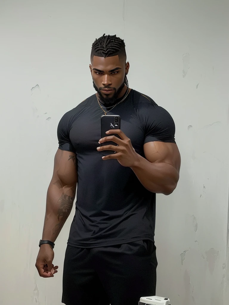 there is a man standing in front of a mirror with a cell phone, he is wearing a black t-shirt, man is with black skin, fit pic, posing and flexing, profile image, tight black tanktop, 30 year old man :: athletic, black thor, thicc, tight shirt, flexing large muscles, wearing tight shirt, short styled dreadlocks with shaved sides, trendy haircut, tattoos