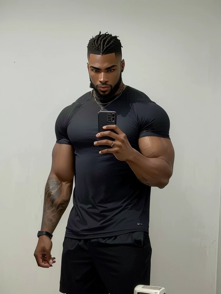 there is a man standing in front of a mirror with a cell phone, he is wearing a black t-shirt, man is with black skin, fit pic, posing and flexing, profile image, tight black tanktop, 30 year old man :: athletic, black thor, thicc, tight shirt, flexing large muscles, wearing tight shirt, short styled dreadlocks with shaved sides, trendy haircut, tattoos