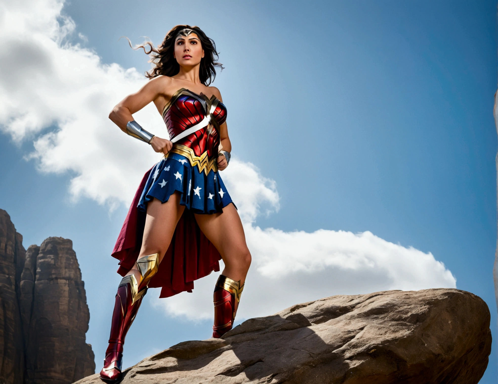 Wonder Woman standing on rock with wind blowing her skirt up showing her underskirt. Picture has low angle view. Cameltoe