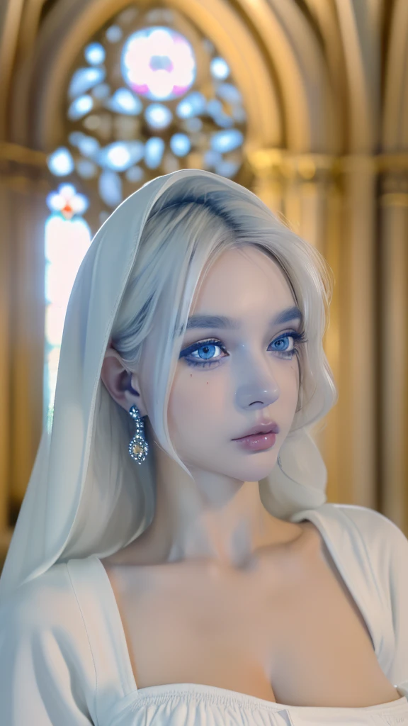 1 beautiful beautiful woman - Scandinavian European appearance (looks like the most beautiful Swedish girl), ((maximum quality, 8k, work of art:1.beautfull woman, 1womanl, medium breasts:1.3, A slim body:1.1, exuberante cabelo longo WHITE NIVEOUS, (bathing, body soaking wet, wetclothes:1.1), very highly detailed face, detailed lips, detailedeyes, Double eyelids, blue detailed eyes, Detailed pendant blue eyes, NIVEO WHITE HAIR, in church , Inside the church , she is wearing black hijab, black gown, huge beautiful earrings, photo by full body