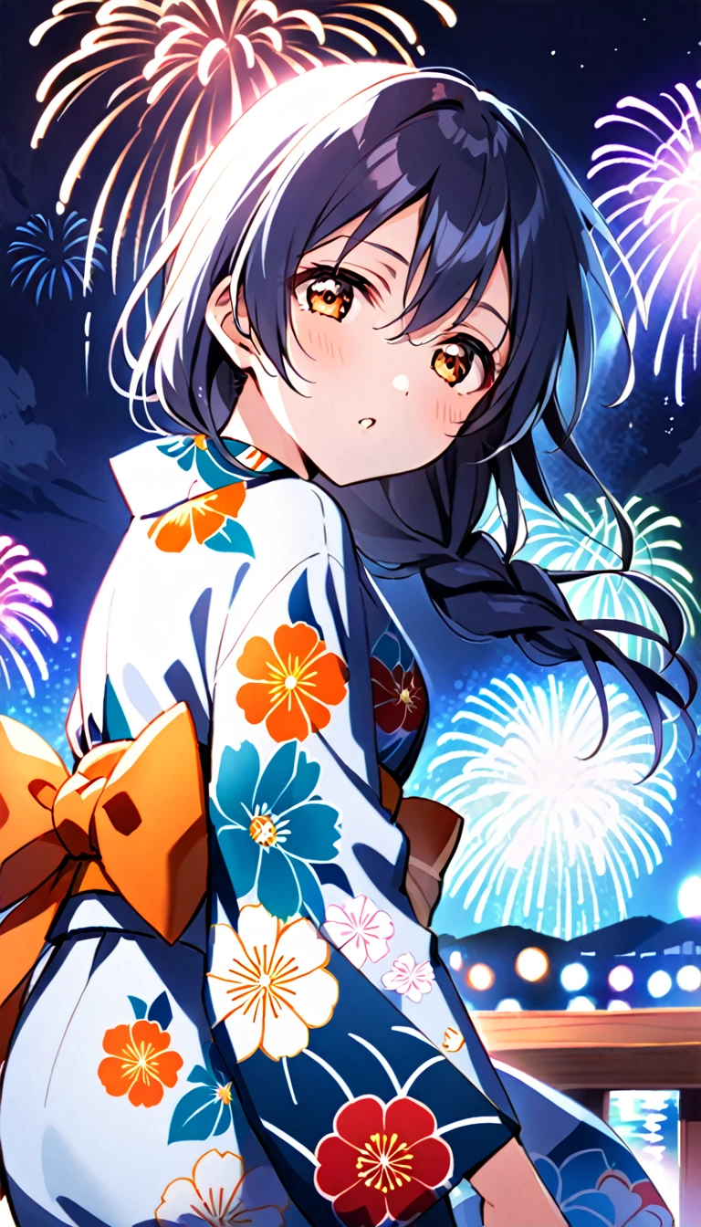 A viewer draws the whole body of Sonoda Umi, a girl in a yukata, from the side as she looks up at the fireworks exploding into the sky at a nighttime fireworks festival,id_umi_sonoda