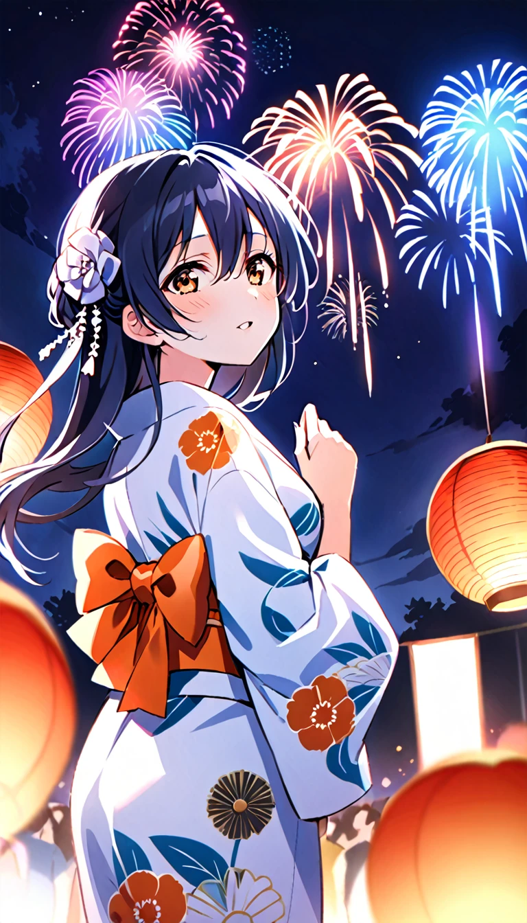 A viewer draws the whole body of Sonoda Umi, a girl in a yukata, from the side as she looks up at the fireworks exploding into the sky at a nighttime fireworks festival,id_umi_sonoda