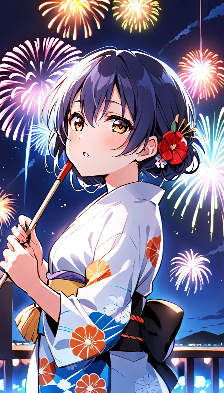 A viewer draws the whole body of Sonoda Umi, a girl in a yukata, from the side as she looks up at the fireworks exploding into the sky at a nighttime fireworks festival,id_umi_sonoda