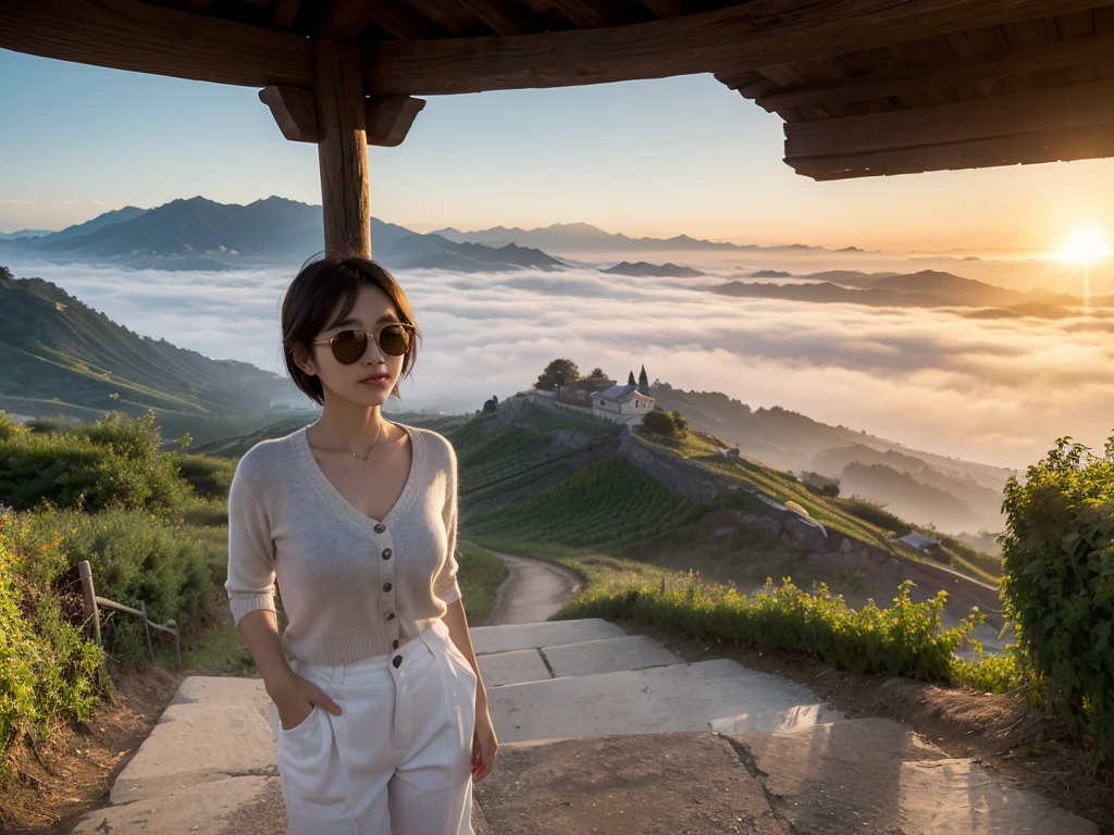 8k realistic, lifelike photo,, 36 year old Korean woman, Short in stature, pretty like a model. white shirt short cardigan, casual pants, short medium hair, Smiley, Italy. vineyard, thick dawn fog. vineyard 멀리 짙은 안개 속으로 마을이 보인다. 1 woman, Short in stature, Excellent picture quality, The morning fog is thick, The picture quality is alive. Looking up the side, sunrise red light, A monastery can be seen in the distance, . Smiley, Wide-angle lens , Looking up the side from the trail, Visible up to the waist, horn-rimmed sunglasse