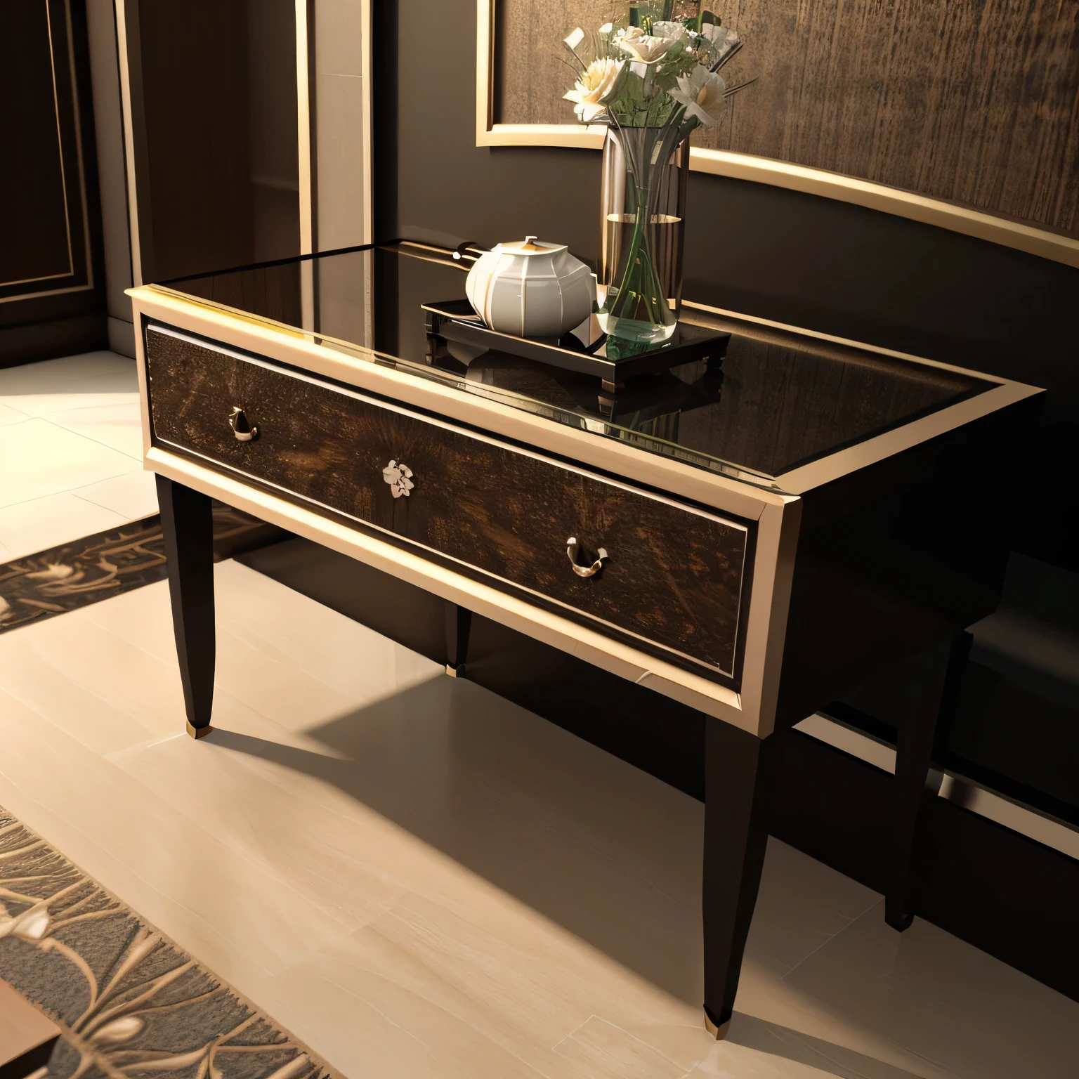 there is a small table with a vase of flowers on it, luxury furniture, elegant furniture, luxurious wooden coffee table, stylistic furniture, elegant render, finely detailed furniture, furniture design, luxury hd render, furniture and decor, furniture design art deco, highly detailed render, black furniture, high quality 3d render, high quality 3 d render, rendered in 3 dsmax