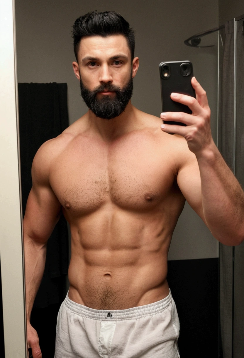 Muscular, broad-shouldered, black hair, shaved, short-shaven beard, a body that is less oily and has gained a little weight, a hairy body, a white-skinned man wearing boxers, taking a selfie in the mirror.