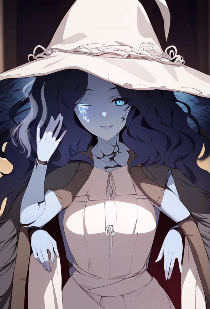 masterpiece, best quality, 1girl, solo, IncrsXLRanni, wavy hair, cracked skin, colored skin, blue skin, (extra faces), extra arms, doll joints, white dress, hat, cloak