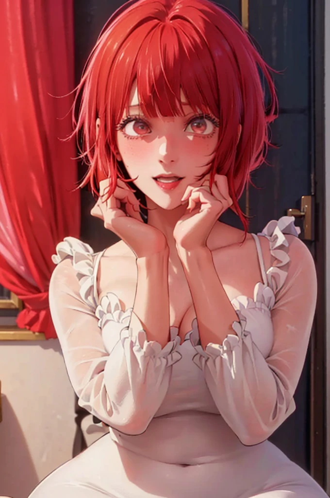 best quality, masterpiece, highly detailed,1girl, Arima Kana, , (masterpiece:1.5), Detailed Photo, Smiling, Sexy, (8K, Best Quality: 1.4), (1girl), Beautiful Face, (anime realistic Face), (Red Hair, short Hair: 1.3), Beautiful Hairstyle, Realistic eyes, beautiful detail eyes, (white skin), beautiful skin, absurd, attractive, ultra high resolution, ultra realistic, high definition, golden ratio, (sexually aroused:1.5), Pinkish white skin, cool white light, sexy pose, Beautiful , white background, pink soft white light, Wear a black bodycon dress, (masturbate:1.5)