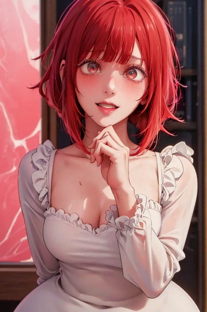 best quality, masterpiece, highly detailed,1girl, Arima Kana, , (masterpiece:1.5), Detailed Photo, Smiling, Sexy, (8K, Best Quality: 1.4), (1girl), Beautiful Face, (anime realistic Face), (Red Hair, short Hair: 1.3), Beautiful Hairstyle, Realistic eyes, beautiful detail eyes, (white skin), beautiful skin, absurd, attractive, ultra high resolution, ultra realistic, high definition, golden ratio, (sexually aroused:1.5), Pinkish white skin, cool white light, sexy pose, Beautiful , white background, pink soft white light, Wear a underwear, best quality,extremely detailed CG unity 8k wallpaper,ink,Amazing,cinematic lighting,lens_flare,dunhuang_style,