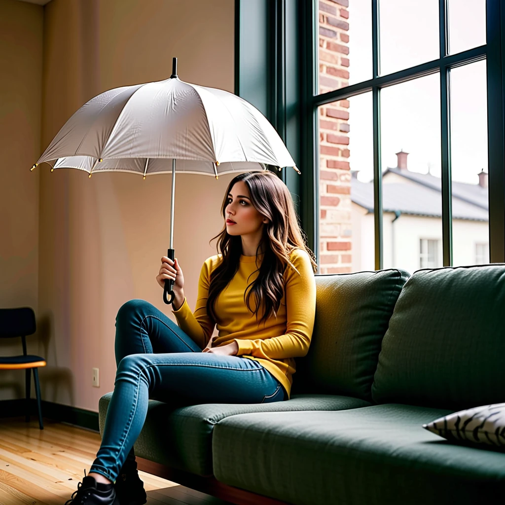 cinematic film still of Juxtaposition of a woman sitting on a couch holding an umbrella with foamy cloud rain above,1girl,solo,long hair brunette hair,sitting,indoors,window,umbrella,couch,rain,realistic,ruins Juxtaposition,artistic,photography,dramatic light,dramatic shadow light,contrast,saturated color,cinematic,filmic,photographic,realistic,realism,perfection,perfect,Juxtaposed,opposite,different things,side by side,syncretism,antithesis,Juxtaposition style,ruins , creative, photorealism, hyperrealism, Fine art photography style, Fine art cinematic photography style, shallow depth of field, vignette, highly detailed, high budget, bokeh, cinemascope, moody, epic, gorgeous, film grain, grainy
