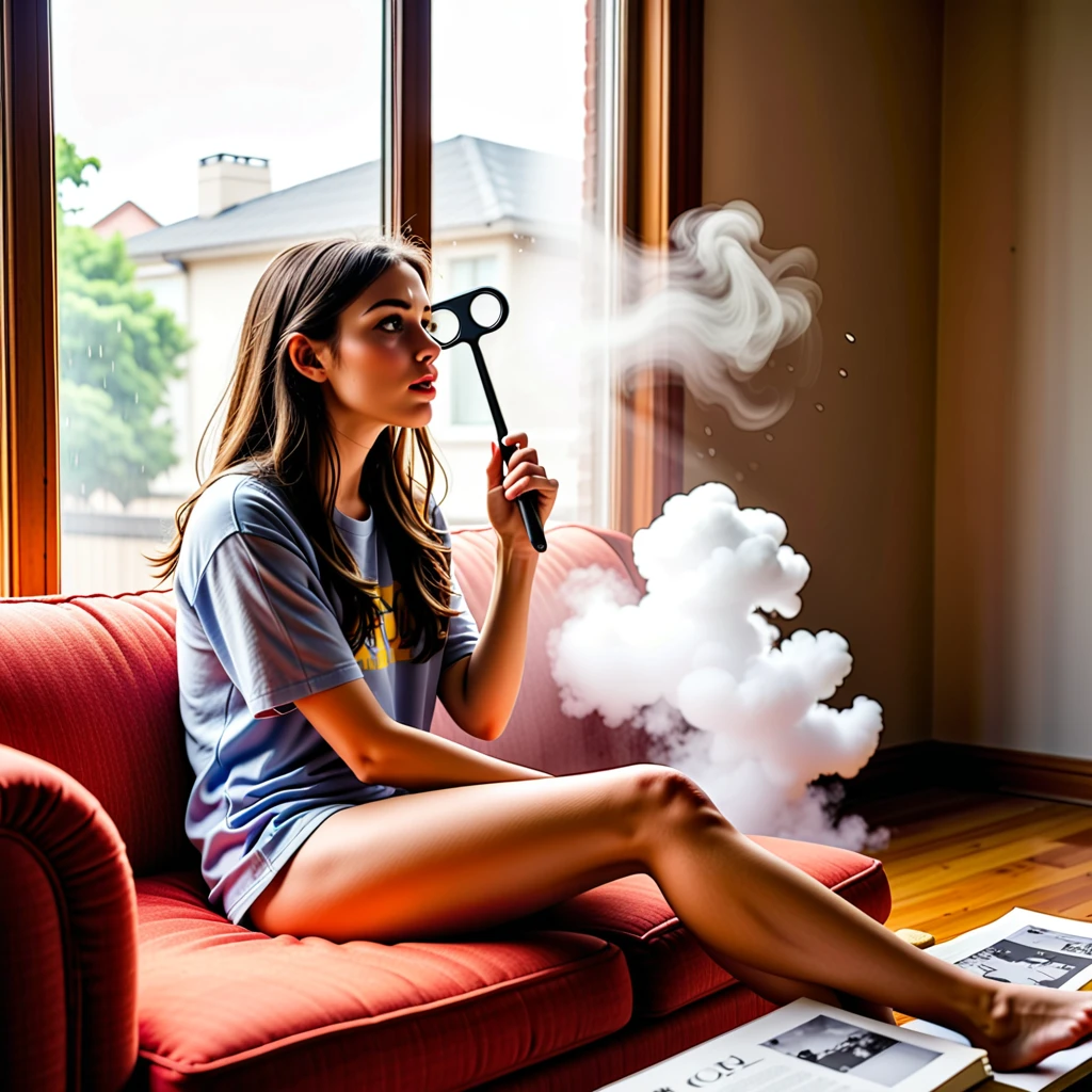 cinematic film still of  Juxtaposition of a woman sitting on a couch holding an umbrella with foamy cloud rain above,1girl,solo,long hair brunette hair,sitting,indoors,window,umbrella,couch,rain,realistic,ruins Juxtaposition,artistic,photography,dramatic light,dramatic shadow light,contrast,saturated color,cinematic,filmic,photographic,realistic,realism,perfection,perfect,Juxtaposed,opposite,different things,side by side,syncretism,antithesis,Juxtaposition style,ruins , creative, photorealism, hyperrealism, Fine art photography style, Fine art cinematic photography style, shallow depth of field, vignette, highly detailed, high budget, bokeh, cinemascope, moody, epic, gorgeous, film grain, grainy