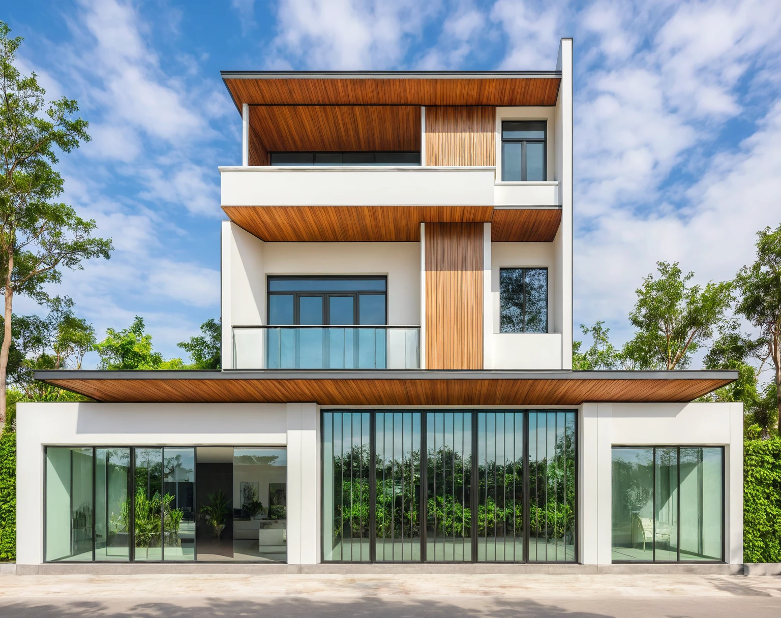 modern villa on street, (daylight), tropical tree, green shrub and plants, vivid color, streetcapes, minimalist design, brigth grey tone, (large glass door:1.2), warm interior lighting, modern material, best quality, ultra realistic, masterpiece, 
