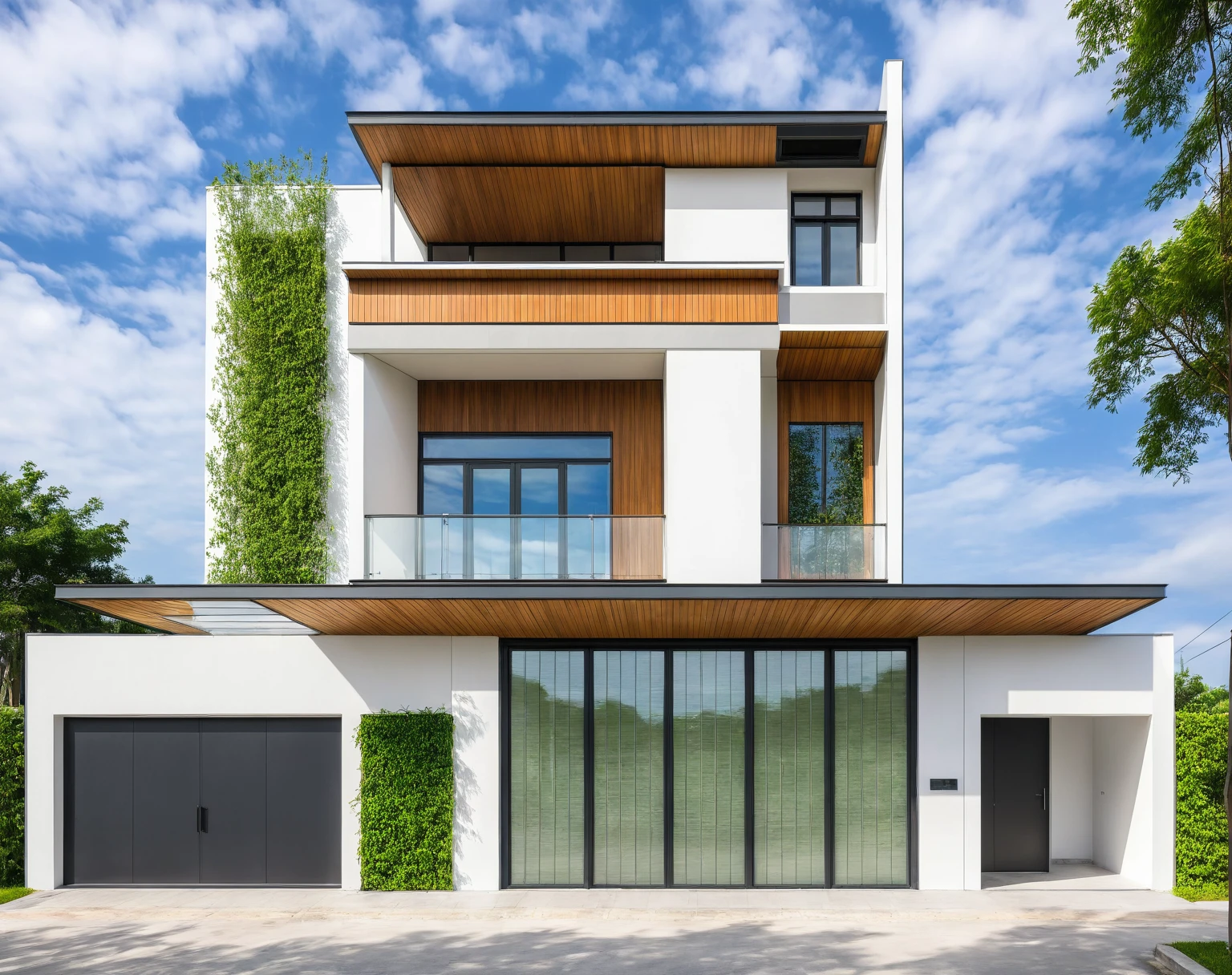 modern villa on street, (daylight), tropical tree, green shrub and plants, vivid color, streetcapes, minimalist design, brigth grey tone, (large glass door:1.2), warm interior lighting, modern material, best quality, ultra realistic, masterpiece,