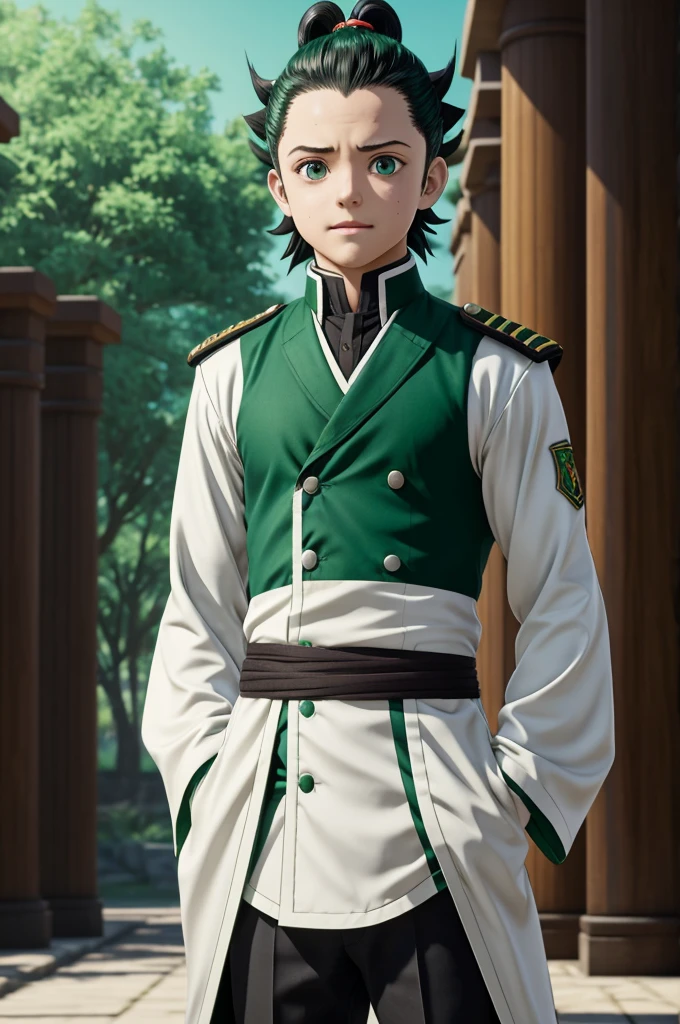 Captura de pantalla de kimetsu no yaiba.
Short straight white hair girl, He has emerald green eyes and has a happy expression, He is wearing the hunter uniform and in the background he has the headquarters of the pillars, is standing.