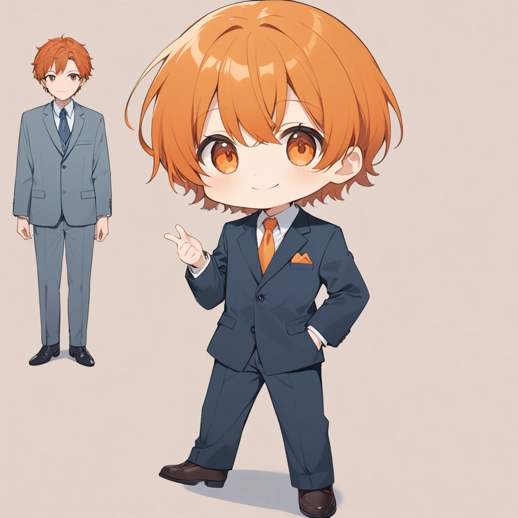 Orange Hair, Orange eyes,Short Hair,smile, a bit, suit,maleの子一人,a bitキャラ,anime,whole body,mini,,male,赤いsuit,小さいmaleの子,a little ,