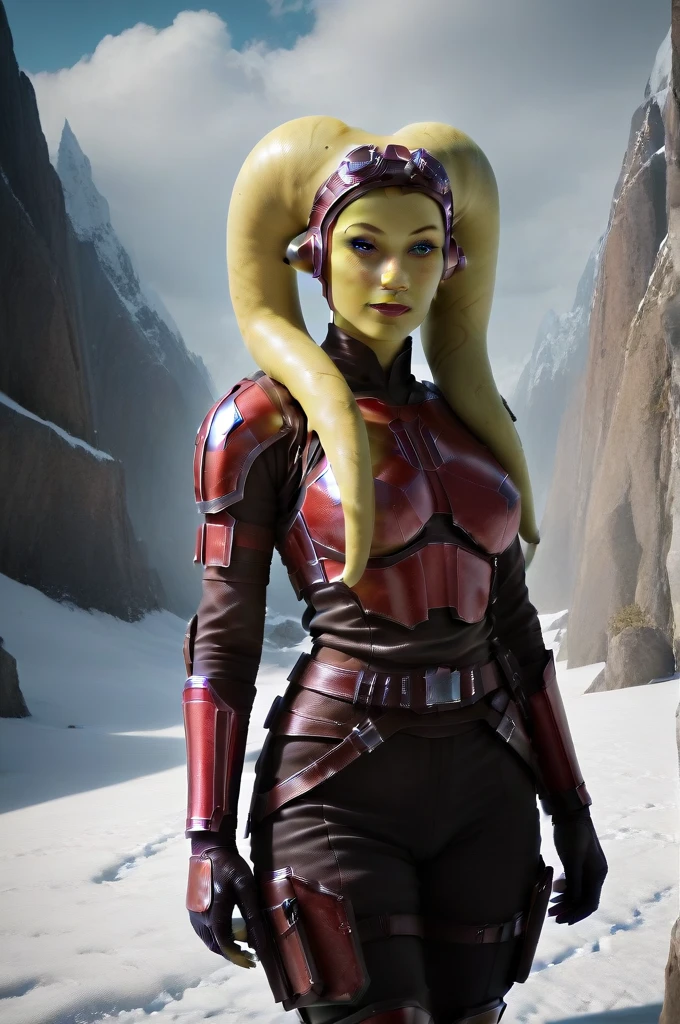 a ((fall body)) (((hera syndulla))) ((green skin )) ((female twi'lek ))mandalorian,walking on snow, ((green fire eyes )) , beautiful detailed eyes, beautiful detailed lips, extremely detailed face, long eyelashes, mandalorian armor, sci-fi, cinematic lighting, dramatic, epic, intricate details, hyper-realistic, 8k, high-quality, photorealistic
