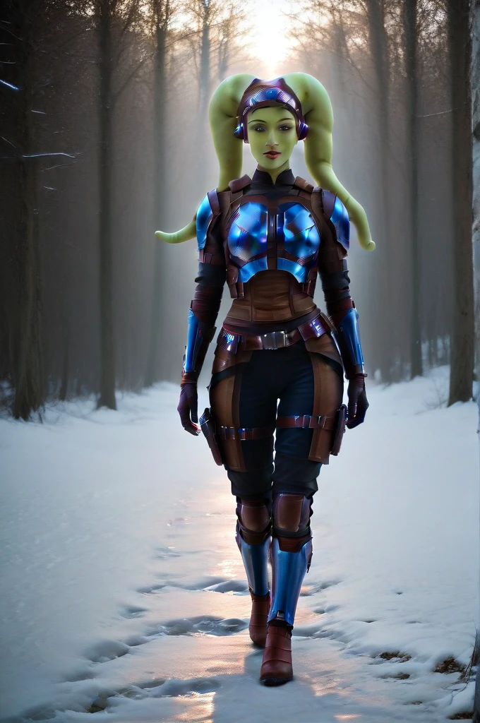 a ((fall body)) (((hera syndulla))) ((green skin )) ((female twi'lek ))mandalorian,walking on snow, ((green fire eyes )) , beautiful detailed eyes, beautiful detailed lips, extremely detailed face, long eyelashes, mandalorian armor, sci-fi, cinematic lighting, dramatic, epic, intricate details, hyper-realistic, 8k, high-quality, photorealistic
