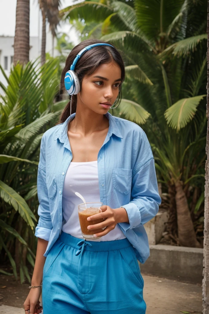 ((best quality)), ((masterpiece)), (detailed), perfect face. A girl who is drinking coconut water from a coconut And he is wearing blue colour trousers and loose shirt, has headphones in his ears and this picture looks like it has been taken randomly 