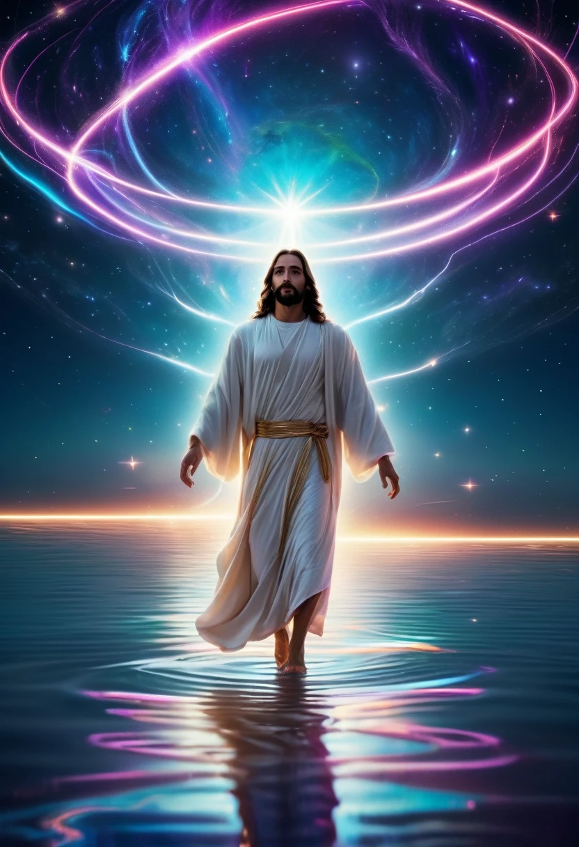 "Futuristic Jesus walking on water, with a starry sky in the background, neon lights reflecting in the water, white robes with technological details, expressing serenity, 8k high definition, super verbose"